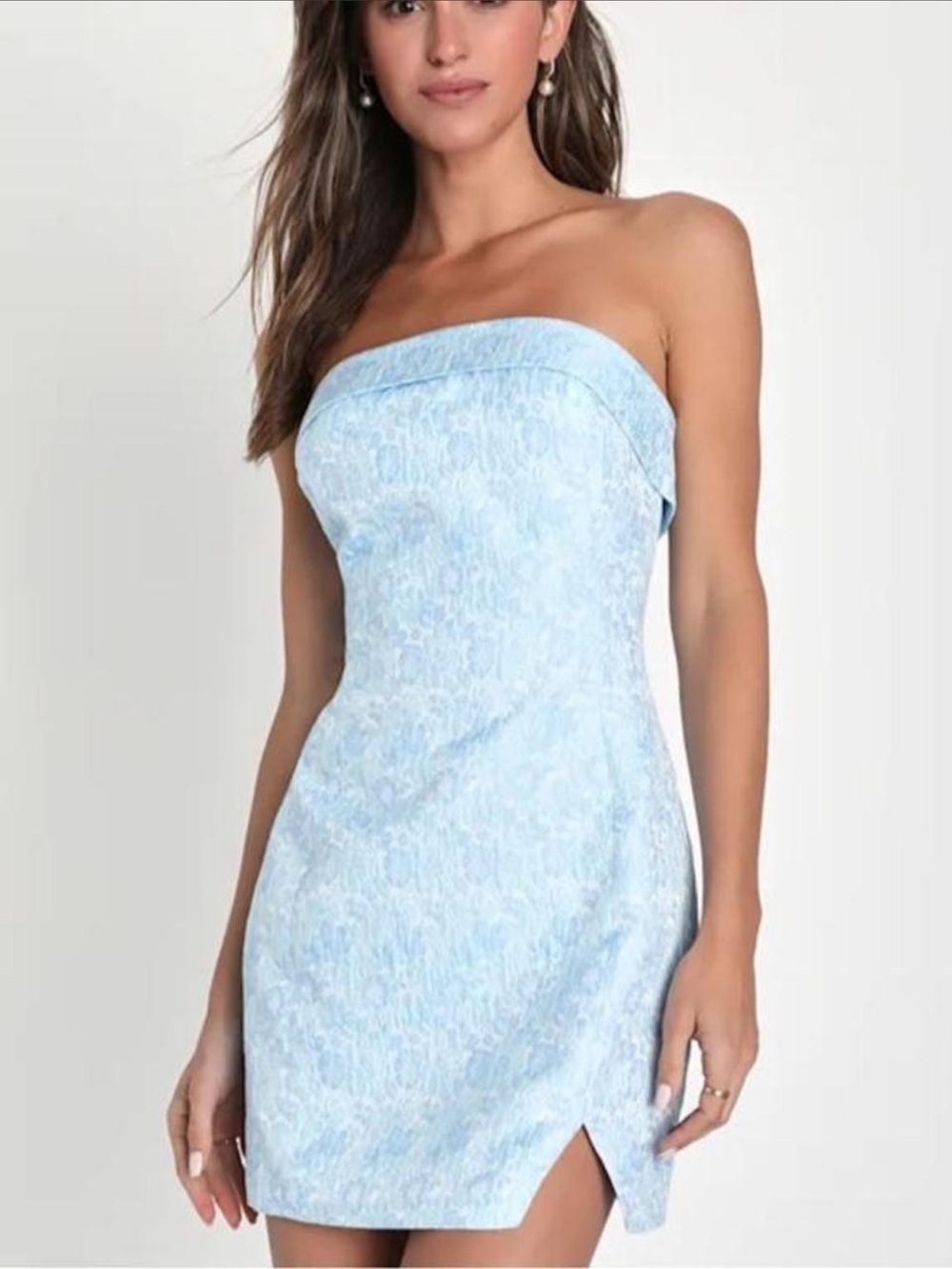 Lulus Delicate Destiny Light Blue Jacquard Strapless Mini Dress